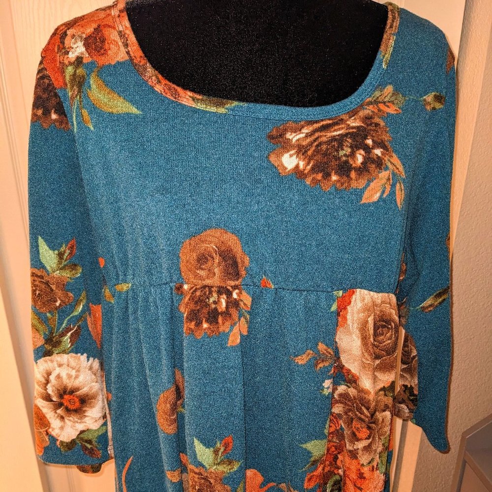 Vibrant Chic Soul Floral Teal Sweater Dress 3X